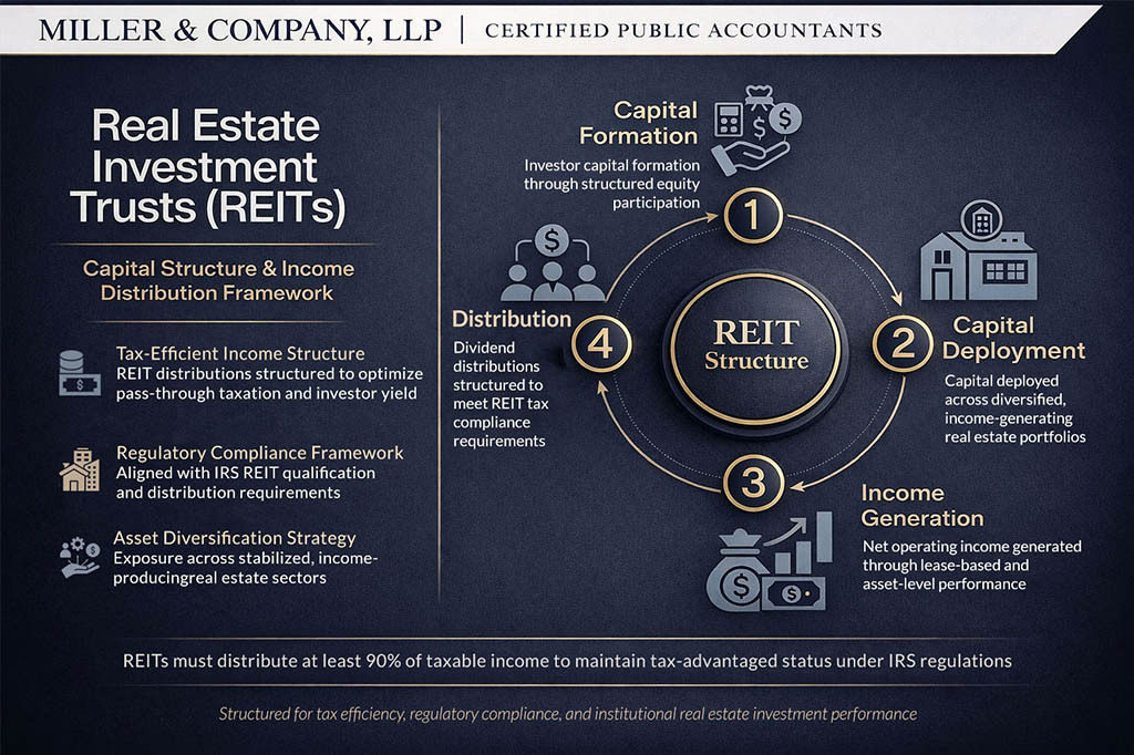 Real estate investment trusts (REITs) tax structure and income distribution explained by NYC CPA firm Miller & Company LLP