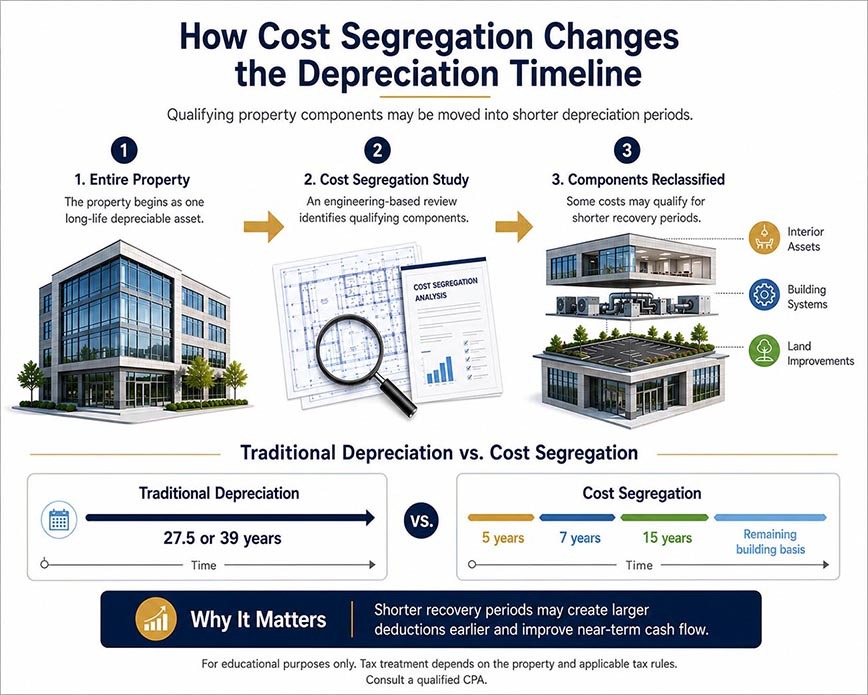 Infographic showing how a cost segregation study may reclassify commercial property components into 5-, 7-, and 15-year depreciation periods.