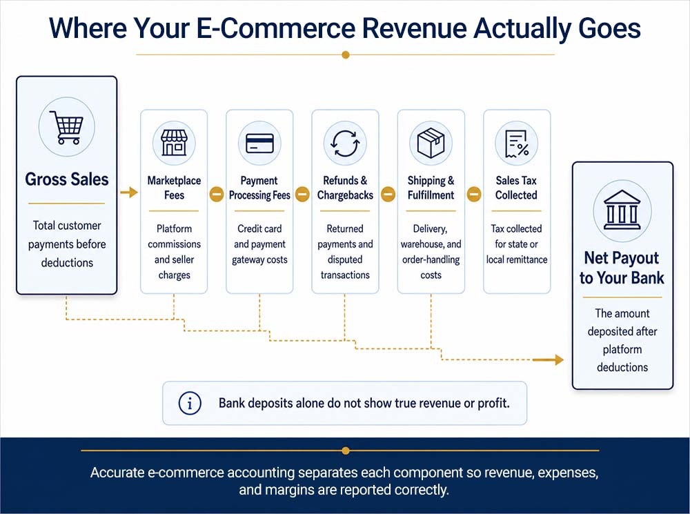 Infographic showing how e-commerce gross sales are reduced by marketplace fees, payment processing, refunds, shipping, fulfillment, and sales tax before the net bank payout