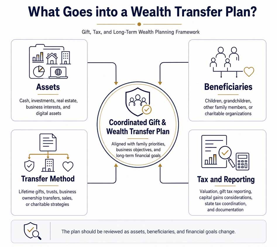 Gift and wealth transfer planning infographic showing assets, beneficiaries, transfer methods, tax reporting, and long-term financial goals