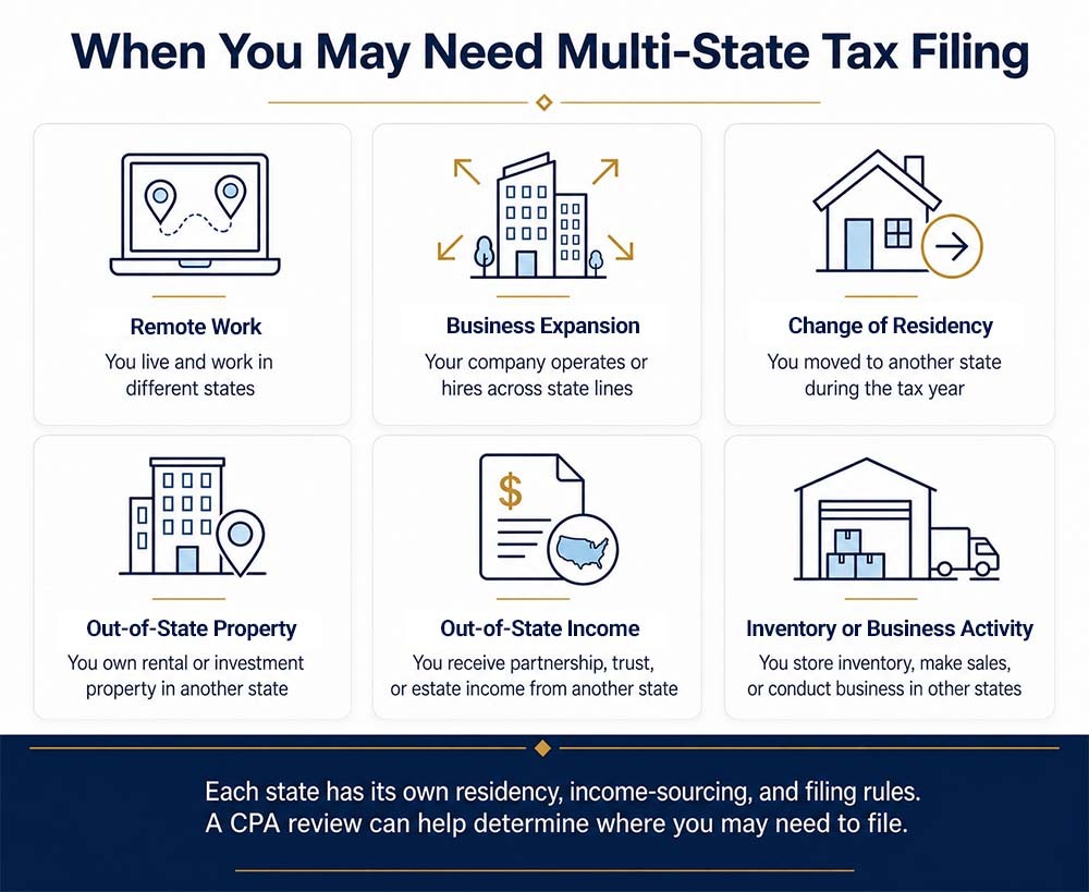 Infographic explaining when remote work, relocation, out-of-state property, income, inventory, or business activity may require multi-state tax filing