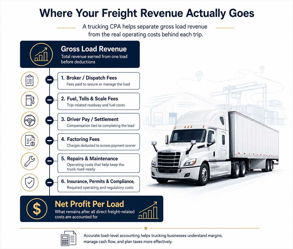 Infographic showing how trucking expenses reduce gross load revenue to net profit per load