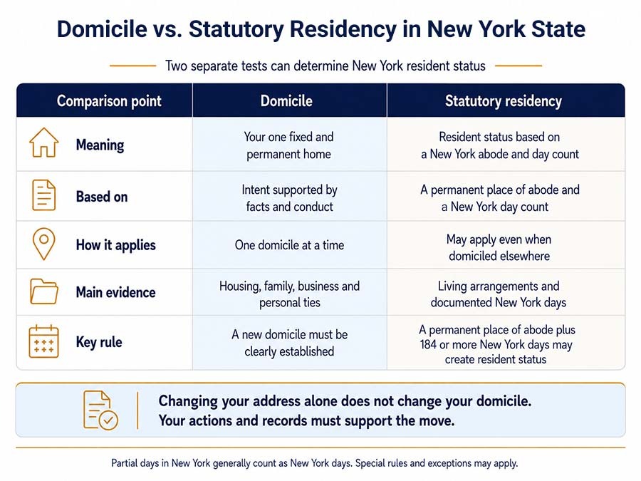 Comparison of domicile and statutory residency rules in New York State