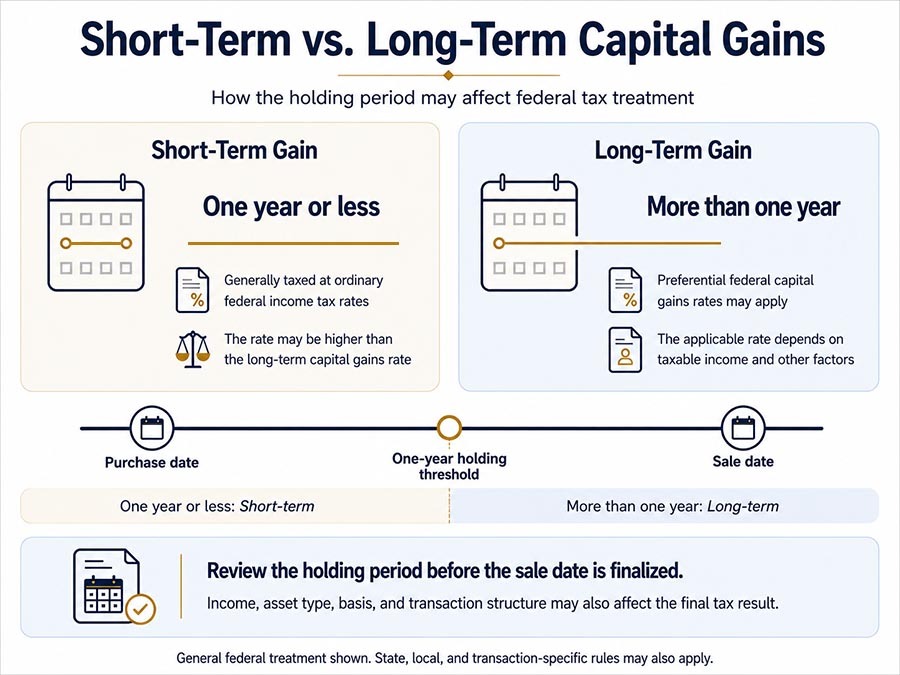 Short-term vs. long-term capital gains infographic comparing federal tax treatment for assets held one year or less and more than one year.