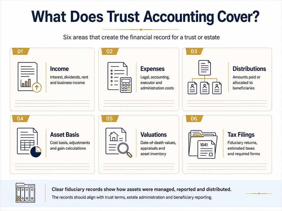 Trust accounting infographic showing income, expenses, beneficiary distributions, asset basis, valuations, and fiduciary tax filings for a trust or estate.